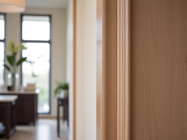 Ein geschickt gefertigtes Holzpaneel an einer Wand in einem modernen Innenraum, das die handwerkliche Qualität verdeutlicht