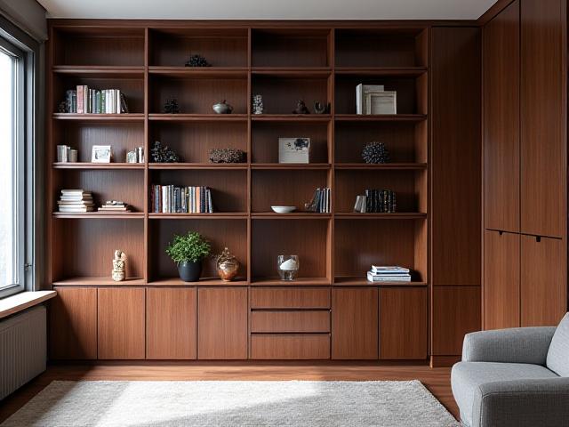 Elegant integrierte, maßgefertigte Holzbibliothek mit detailreichen Regalen und Schränken