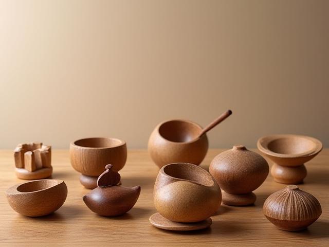 Eine Auswahl von kleinen, handgeschnitzten Holzfiguren und dekorativen Objekten auf einem polierten Holzständer