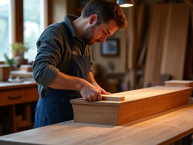 Atelieransicht: Ein Tischler fertigt sorgfältig ein maßgefertigtes Holzmöbelstück mit klassischer Handwerkskunst und modernen Werkzeugen
