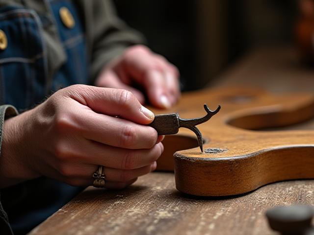 Detailansicht eines erfahrenen Holzrestaurators, der ein antikes Möbelstück mit feinen Werkzeugen repariert
