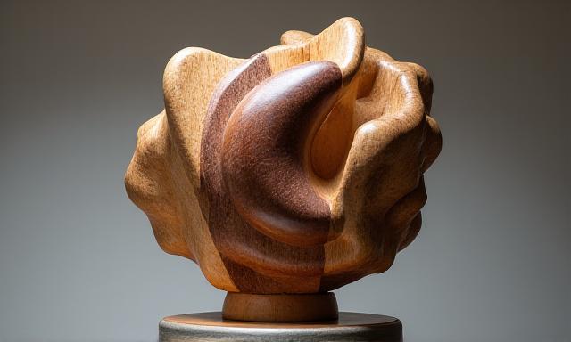 Abstrakte Skulptur aus verschiedenen Holzarten auf einem Sockel