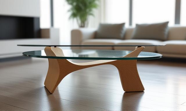 Eleganter Couchtisch mit geschwungenen Holzbeinen und Glasplatte