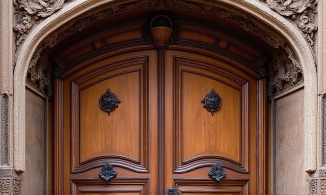 Restauriertes historisches Holzportal mit aufwendigen Schnitzereien