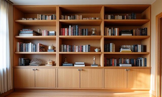 Maßgefertigte Bücherregale und integrierte Bibliothek aus Eichenholz