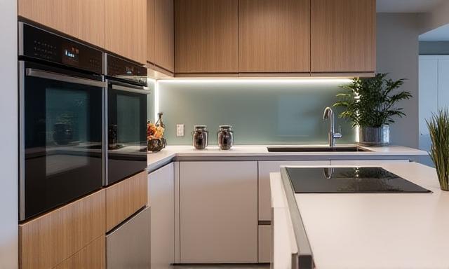 Moderne Küchenzeile mit Holzfronten und integrierten Geräten