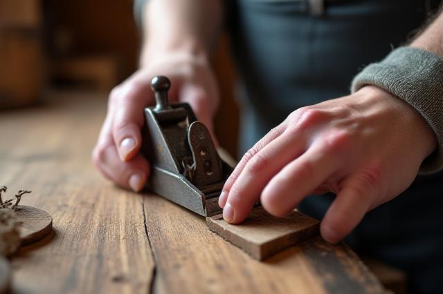 Meisterhafte Handwerkskunst: Hände bearbeiten Holz im Urwald Werk Atelier